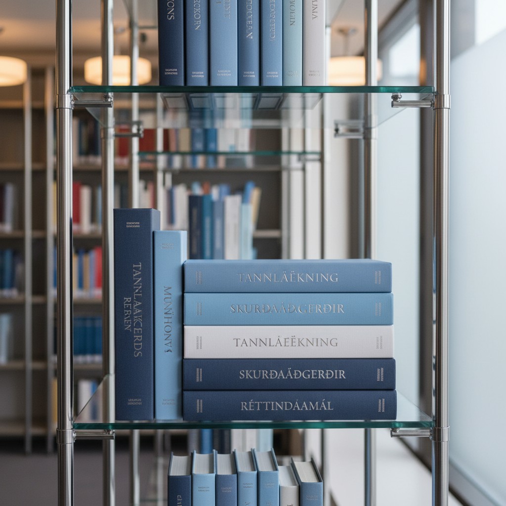Booth shelving with bookbinded books on glass shelves. Slightly soft focus.