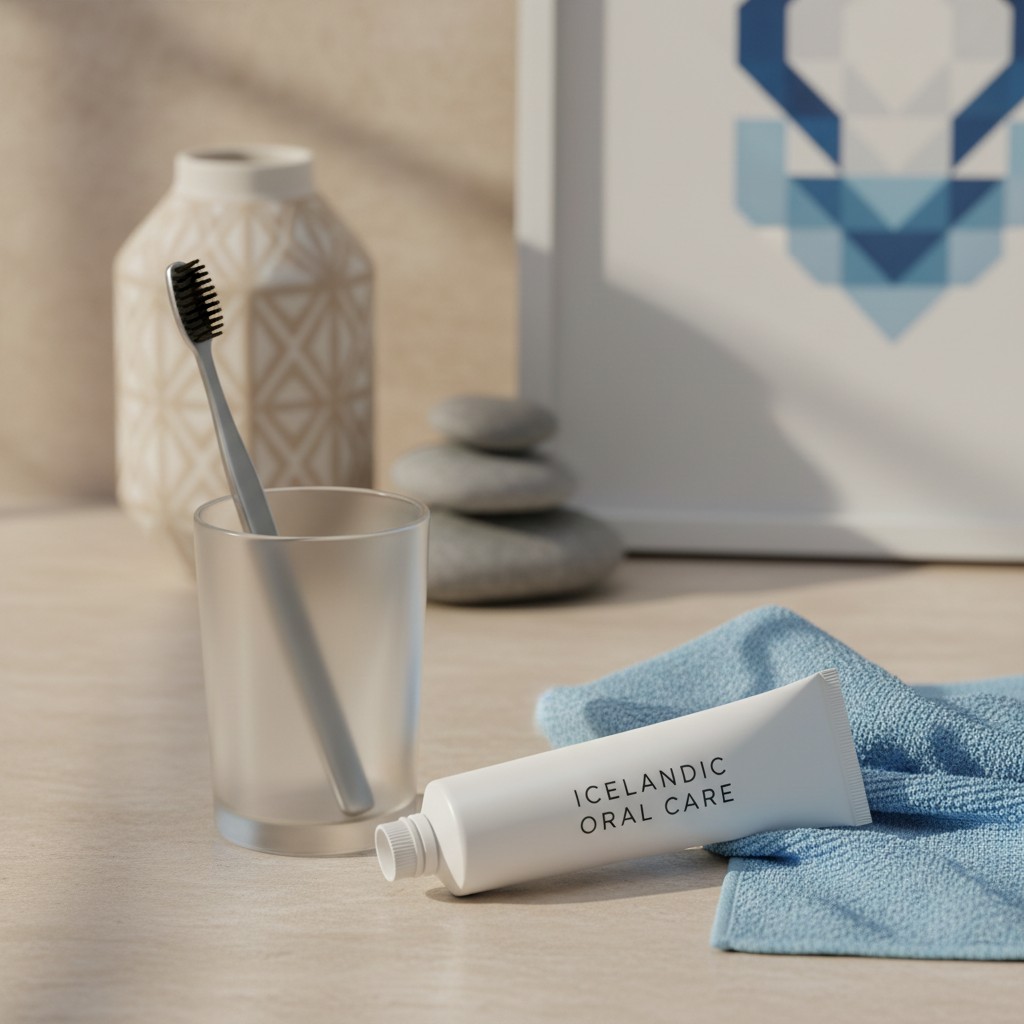 A photograph of a bathroom essentials featuring tube of "ICELANDIC ORAL CARE" toothpaste and a toothbrush placed on a coun...