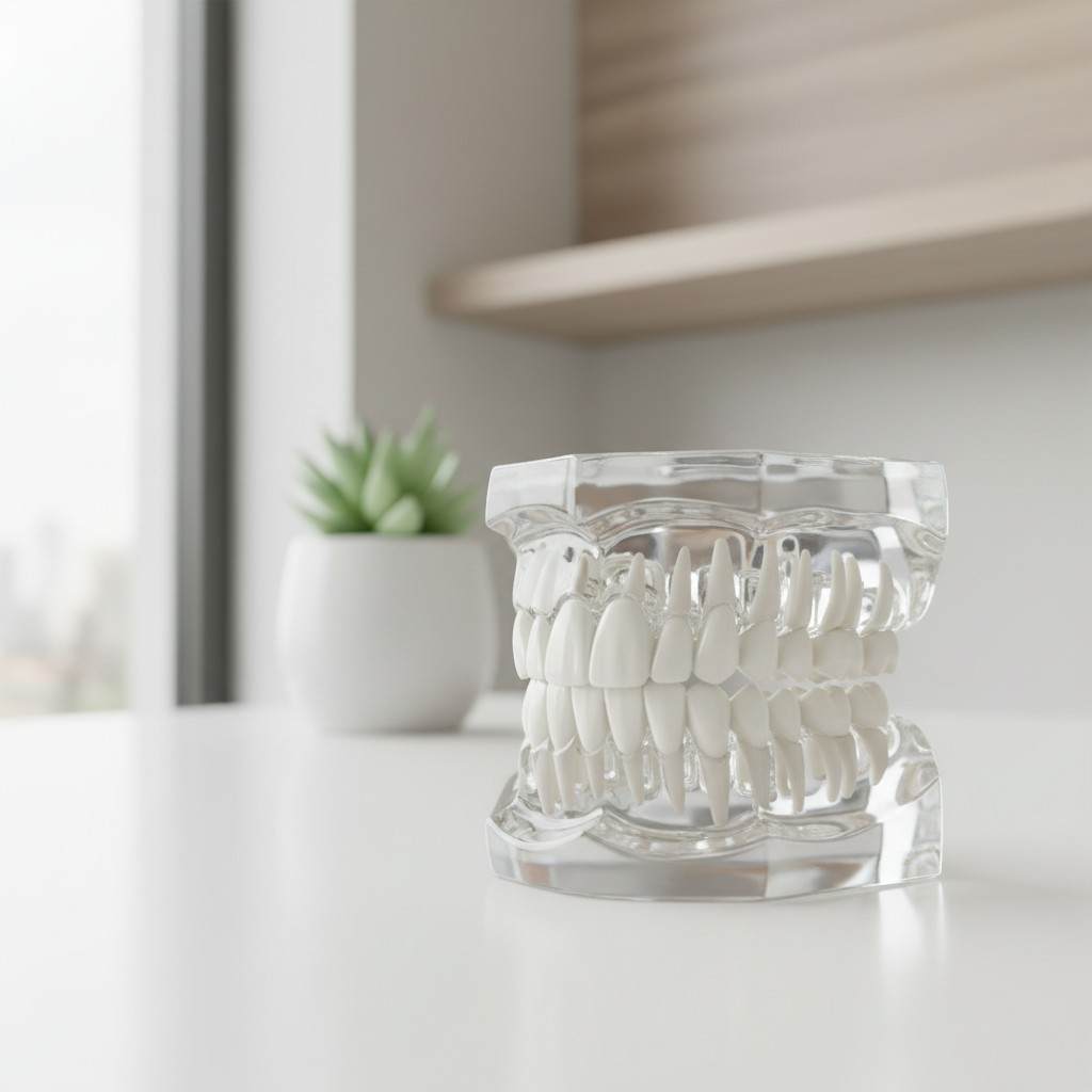 A plastic dental model featuring human-like teeth, possibly used as a teaching tool for dental students or professionals t...