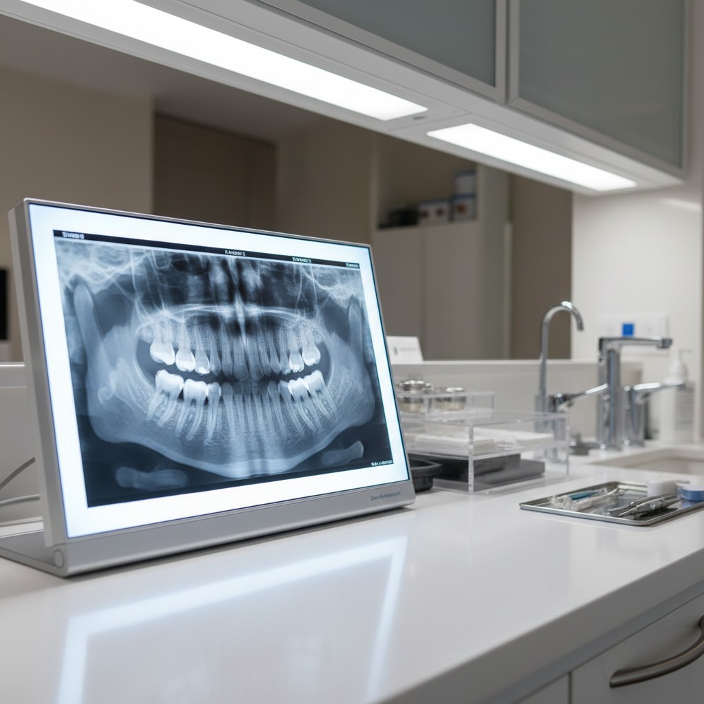 x-ray of a persons teeth in red square with metal edges in clean white dentist office.