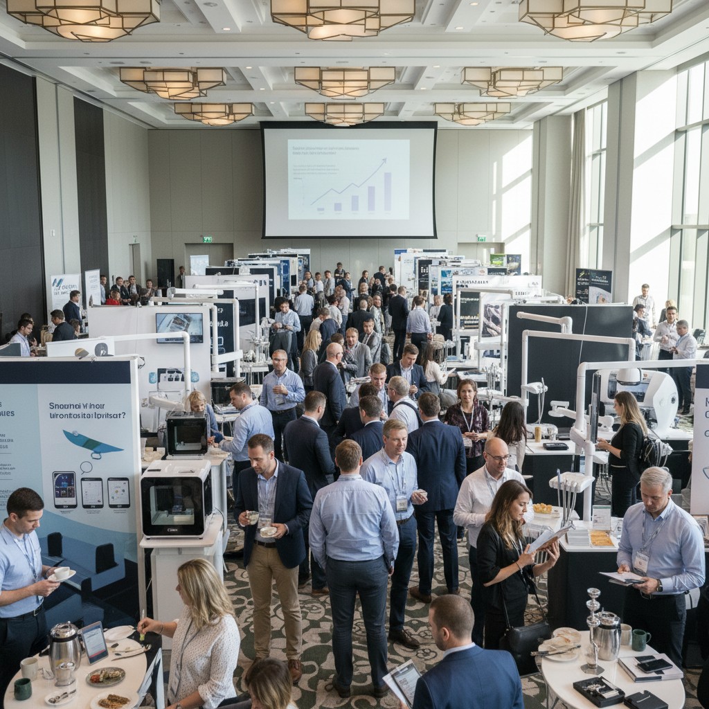 The image depicts a bustling convention setting, characterized by numerous individuals gathered around tables and displays...