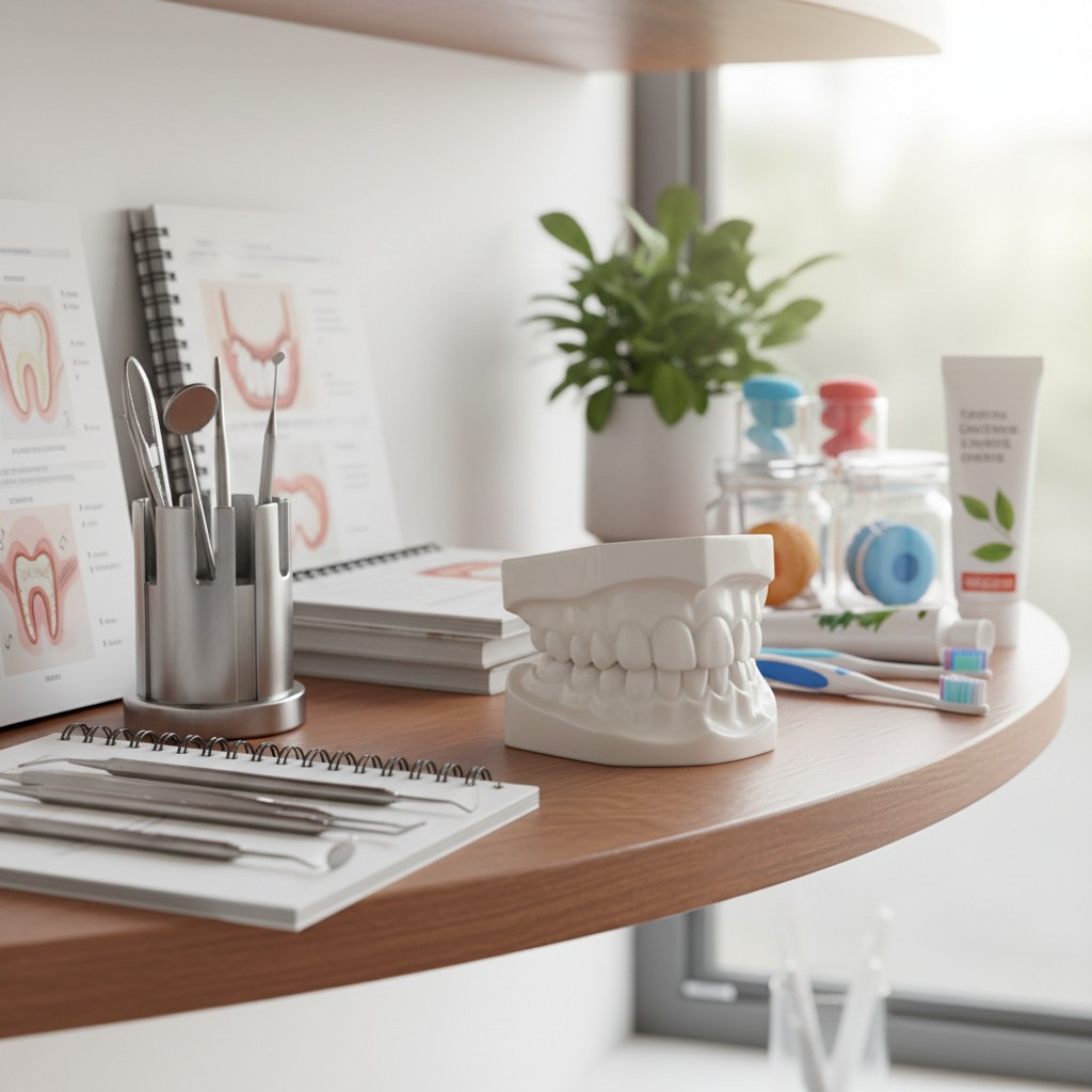 The image shows a shelf holding dental-related items, with a shelf below centered in the image and a plant, toothbrush, an...